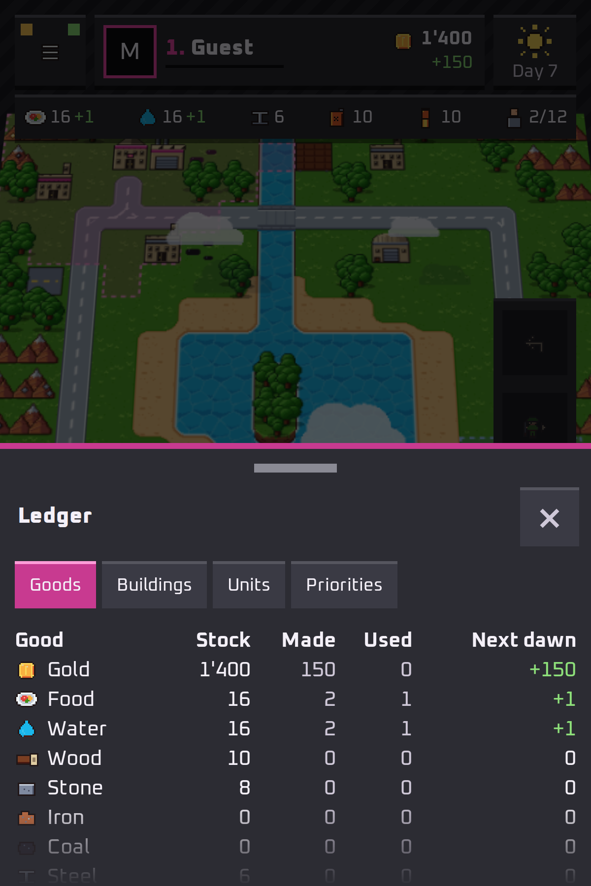 The ledger: each good with its stock, what was made and used, and the change at the next dawn