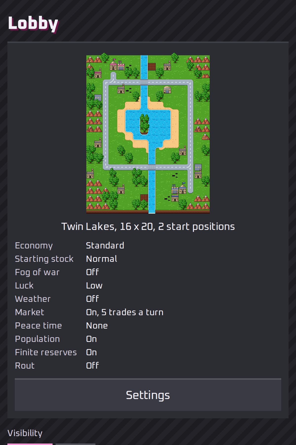 The lobby of a new match: the map, its settings, and the seats for the player and a bot